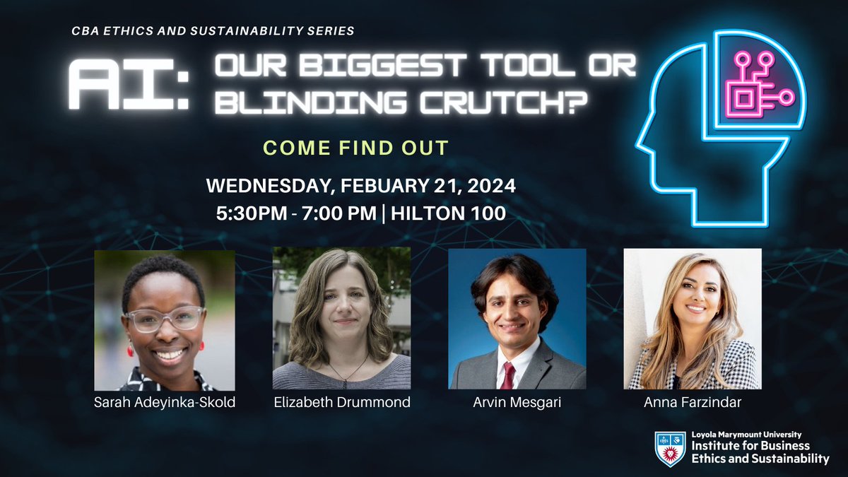Artificial intelligence tools such as ChaptGPT can offer many advantages to students, but there are many questions of how use it ethically & productively. Join us on February 21 in Hilton 100 5:30-7pm to unravel some of the mysteries of AI with a panel of LMU faculty. #LMUCBA