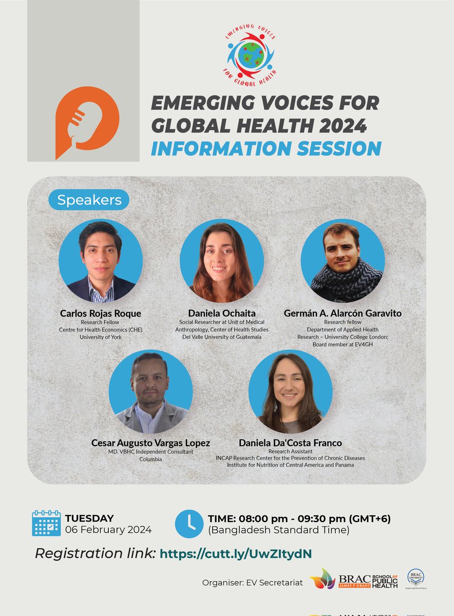 📢 REGISTER NOW! 👉 Join us today to find answers to all your questions about the 9th venture of Emerging Voices for Global Health (#EV4GH) ❗Session 2: Register here: cutt.ly/UwZItydN ⏰ 8:00 PM - 9:30 PM (GMT+6) 🗓️ Tuesday, 6 February 2024