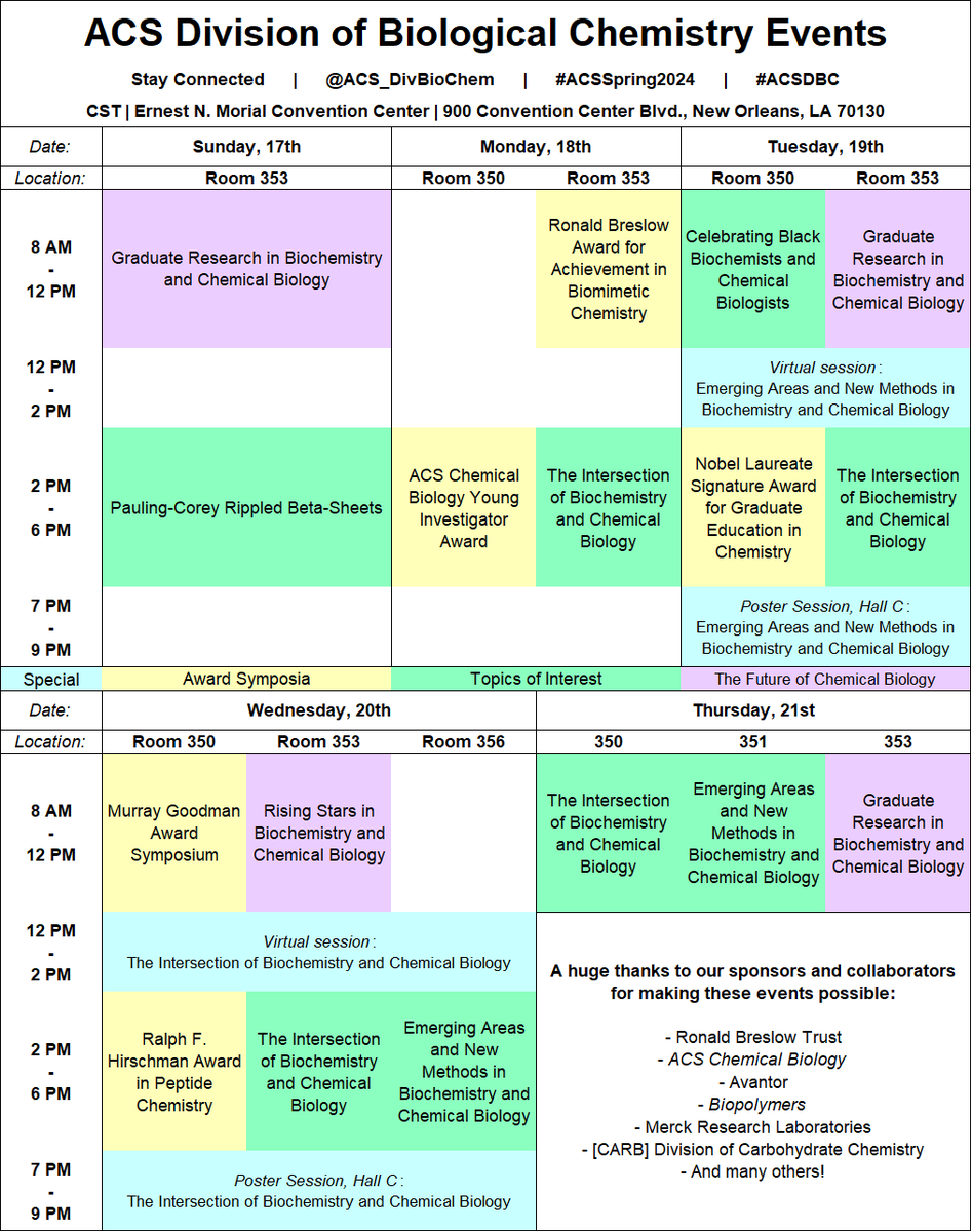 acsbiol's tweet image. This is #ACSDBC&apos;s biggest day of #ACSSpring2024 yet!
🧑🏿‍🔬Celebrating Black Biochemists/Chem Biologists, 350 at 8 AM
🌱Grad Research, 353 at 8 AM
🛜 Virtual poster session, 12 PM
🏆Nobel Signature Award, 350 at 2 PM
🧪Biochem❌ChemBio, 353 at 2 PM
🗓️Poster session, Hall C at 7 PM
