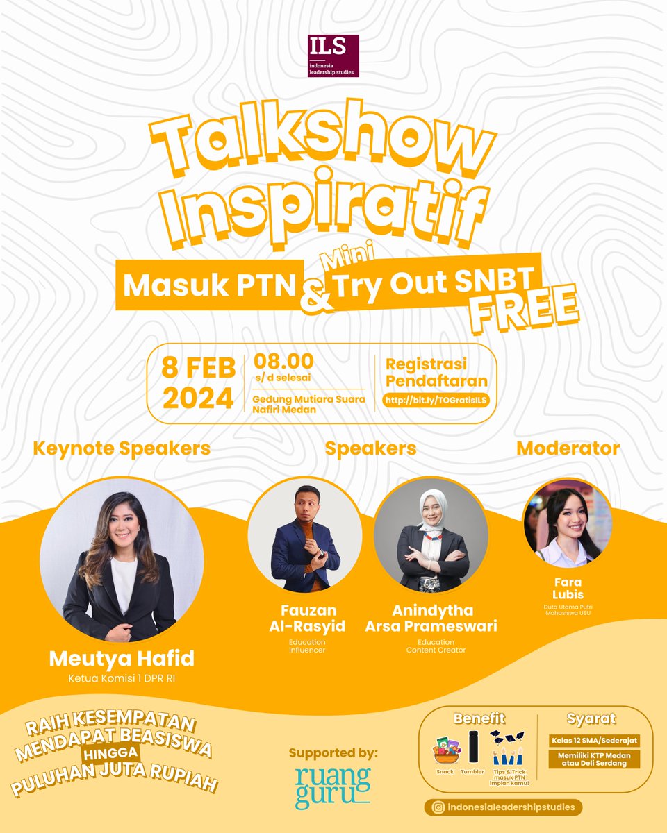 fauzanalrasyid's tweet photo. Halo MEDAN! Akhirnya bakal mampir ke Medan juga. 

Yuk, ikut Talkshow Inspiratif Masuk PTN dan Mini Try Out SNBT! GRATIS!

Hari, tanggal: Kamis, 8 Februari 2024
Waktu: 08.00 s.d. selesai
Tempat: Gedung Mutiara Suara Nafiri Medan

Registrasi di: https://t.co/ueoIQiIdDv