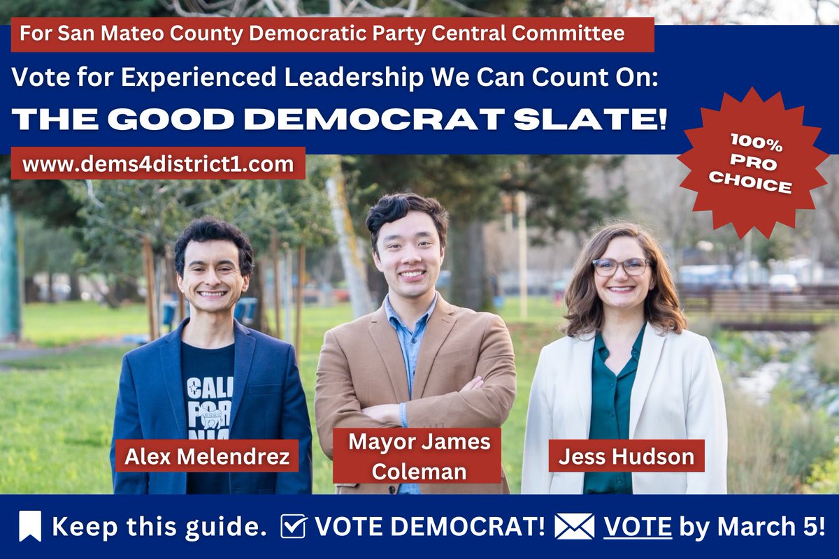 Ballots are dropping! Can we count on your vote for the San Mateo County Democratic Central Committee District 1? Mayor Coleman, Jess Hudson and I (Alex Melendrez) are running for San Mateo County Central Committee to make sure we have reps fighting for working families!