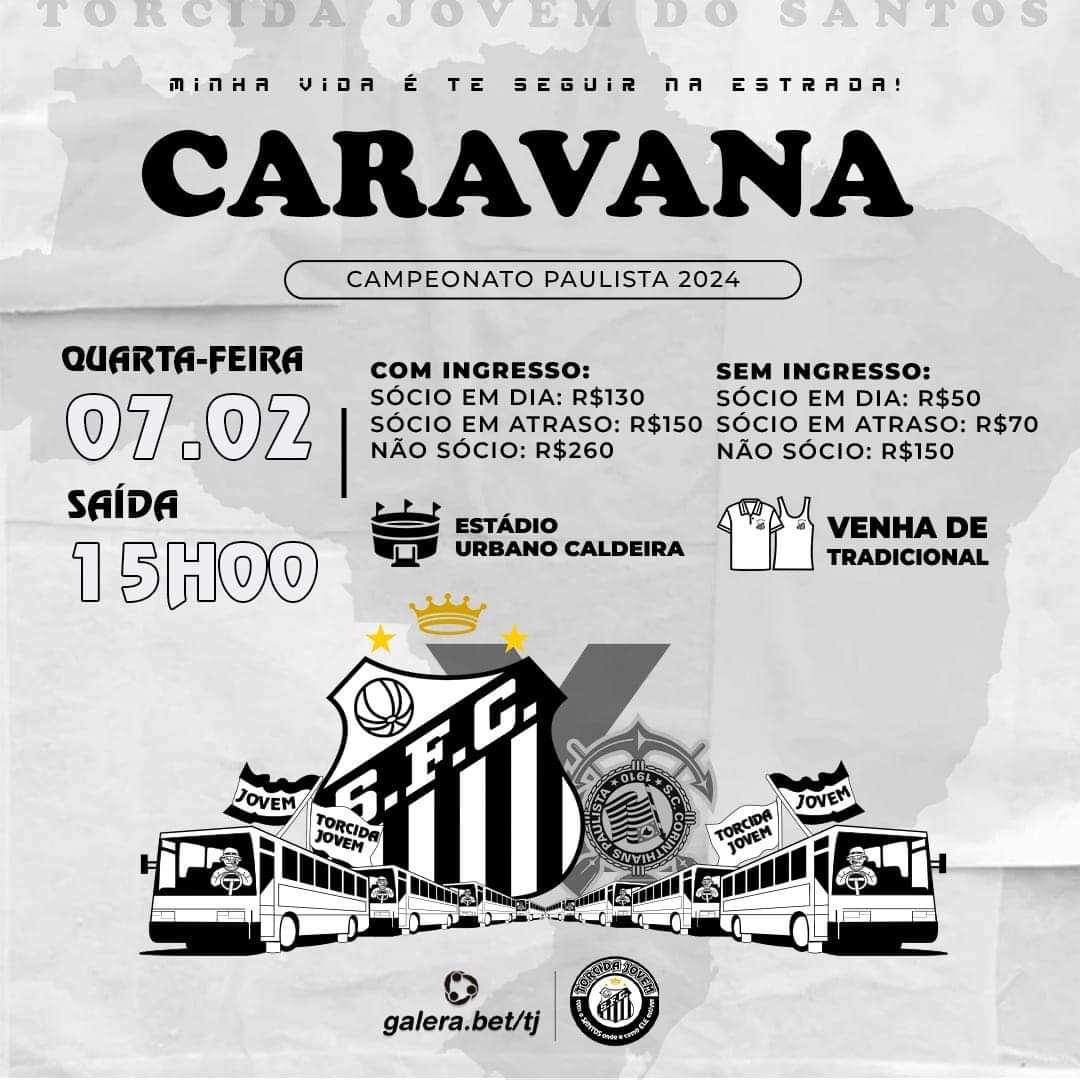 Quarta feira é guerra!! A Torcida Jovem realiza mais uma grande caravana para a Vila Belmiro para fazermos ferver o Alçapão no clássico! 🚌 Saída da Sede: 7/2 às 15h 💰Valores (com/sem ingresso) Sócio em dia R$130/50 Sócio em atraso R$150/70 Não sócio R$260/150 #MarBranco #TJ