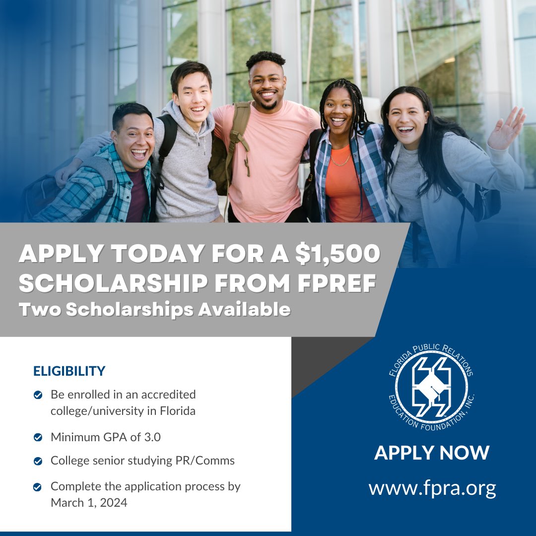 📚Scholarship Opportunity🎓

Are you a college senior studying PR/Comms at an accredited university in Florida? You could be eligible for a $1,500 scholarship. Learn more at FPRA.org