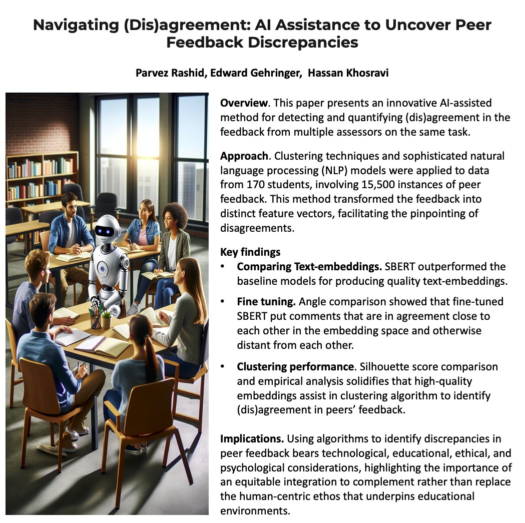 Delighted to share the preprint of our **Best Short Paper nomination** at #LAK24, which uses AI &amp; NLP to identify and quantify disagreements in peer feedback.  

Preprint available at: researchgate.net/publication/37…