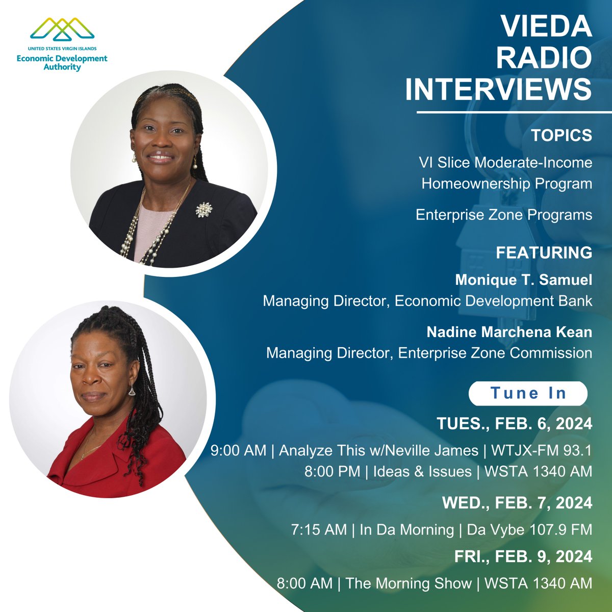 USVI_EDA's tweet image. New Year, new goals! Tune in this week for insights from VIEDA. Learn how the VI Slice Moderate-Income Homeownership Program and enterprise zone programs can impact your goals with Monique T. Samuel and Nadine Marchena Kean. #vieda #vislice #ezc #Homeownership