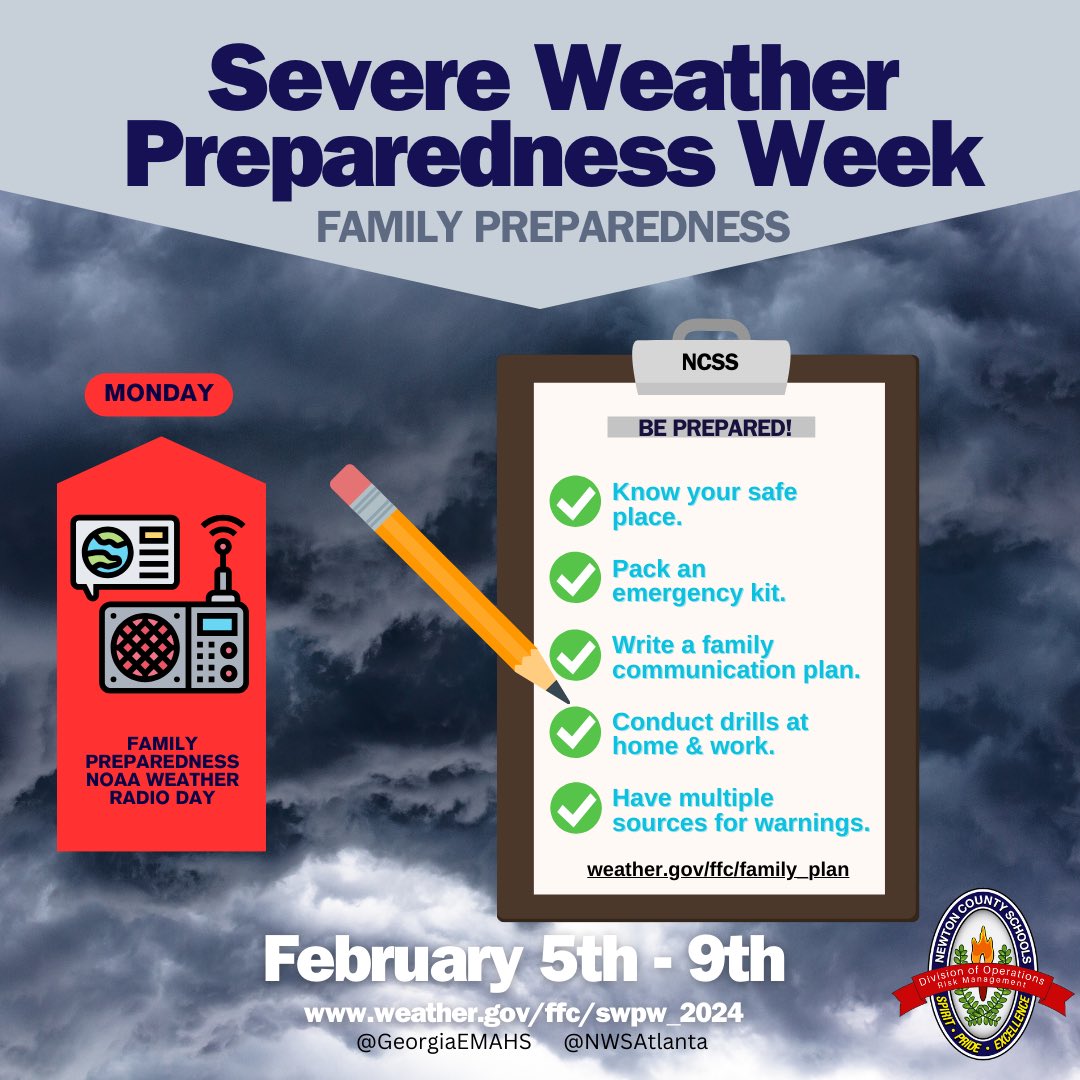 Severe Weather Preparedness Week: Day 1 - Family Preparedness &amp; NOAA Weather Radio Day! 🌪️ Develop a solid preparedness plan for your family. Familiarize yourself with NOAA Weather Radio Emergency Alerts and stay safe. #NCSSWorkingTogether #SpiritPrideExcellence