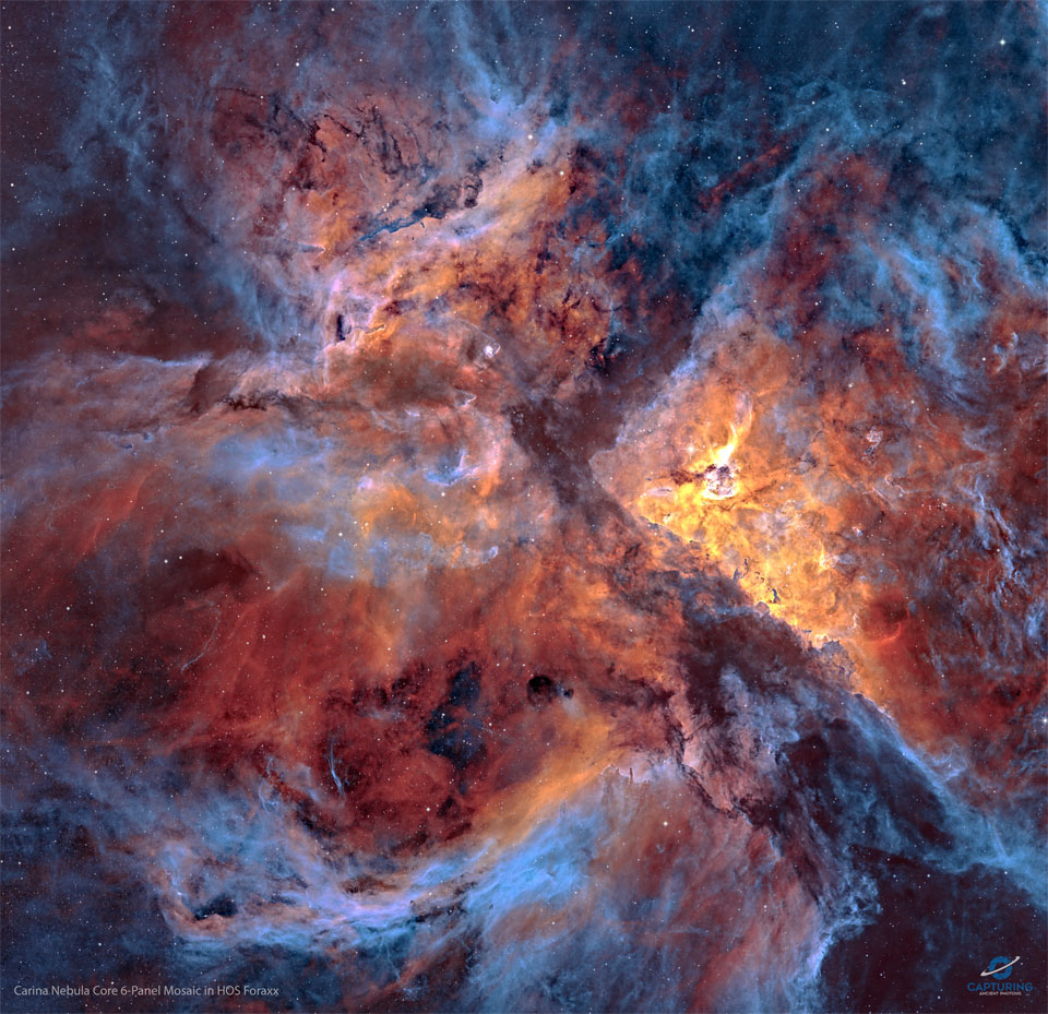 apod's tweet photo. In the Core of the Carina Nebula
Image Credit & Copyright: Carlos Taylor

Explanation: What's happening in the core of the Carina Nebula? Stars are forming, dying, and leaving an impressive tapestry of dark dusty filaments. The entire Carina Nebula, cataloged as NGC 3372, spans over 300 light years and lies about 8,500 light-years away in the constellation of Carina. The nebula is composed predominantly of hydrogen gas, which emits the pervasive red and orange glows seen mostly in the center of this highly detailed featured image. The blue glow around the edges is created primarily by a trace amount of glowing oxygen. Young and massive stars located in the nebula's center expel dust when they explode in supernovas. Eta Carinae, the most energetic star in the nebula's center, was one of the brightest stars in the sky in the 1830s, but then faded dramatically.