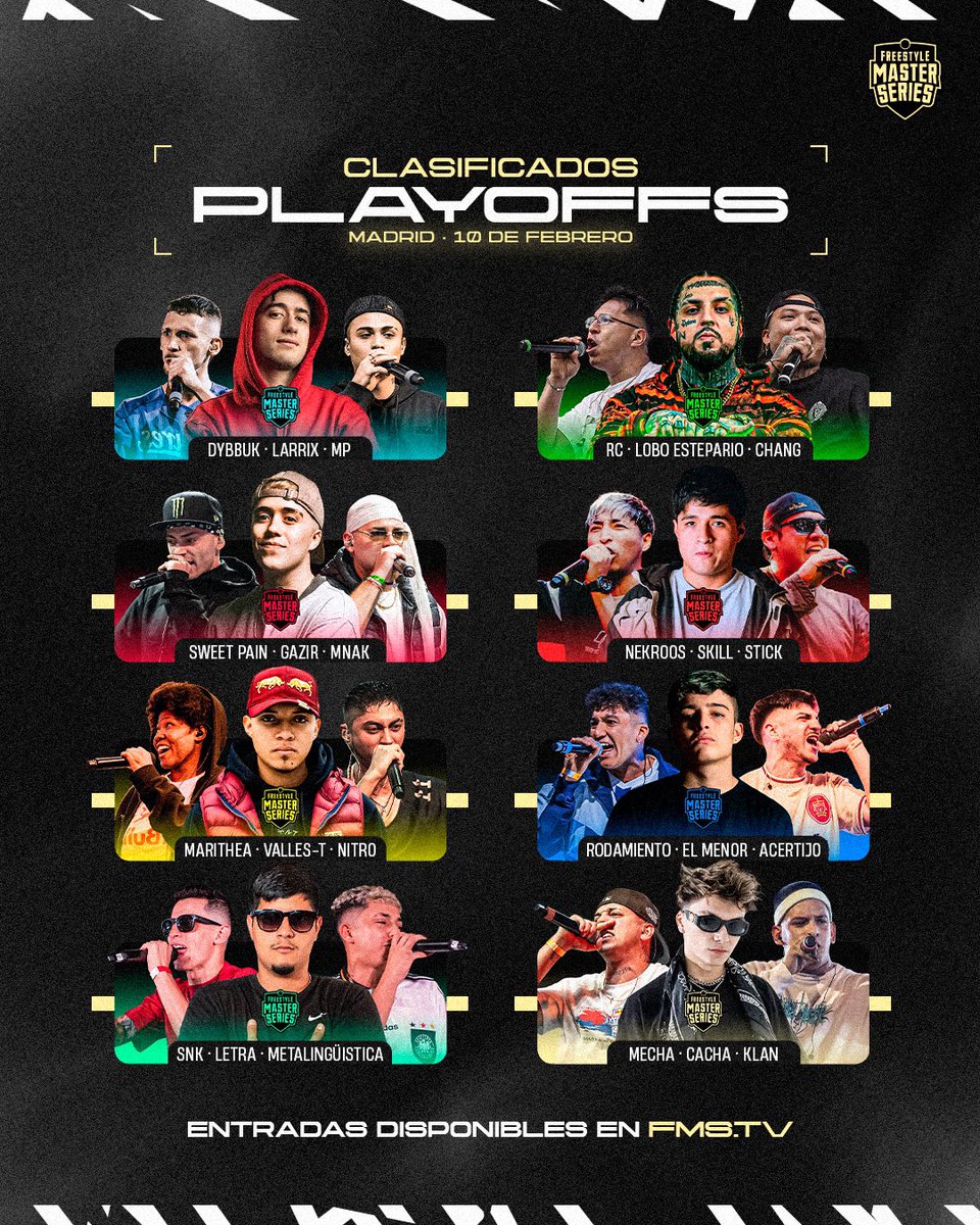 urbanroosters's tweet photo. ¡CACHA, MECHA y KLAN A LOS PLAY OFFS DE #FMSINTERNACIONAL! 🏆

Más de 100.000 votos fueron los que decidieron que los argentinos estén este sábado 10 de febrero en Madrid 🇪🇸

Felicidades y nos vemos este finde, @Cachaoficial @MechaMaturin @klanejecutor1 🇦🇷

¿Quién avanzará a la Gran Final de México? 🇲🇽