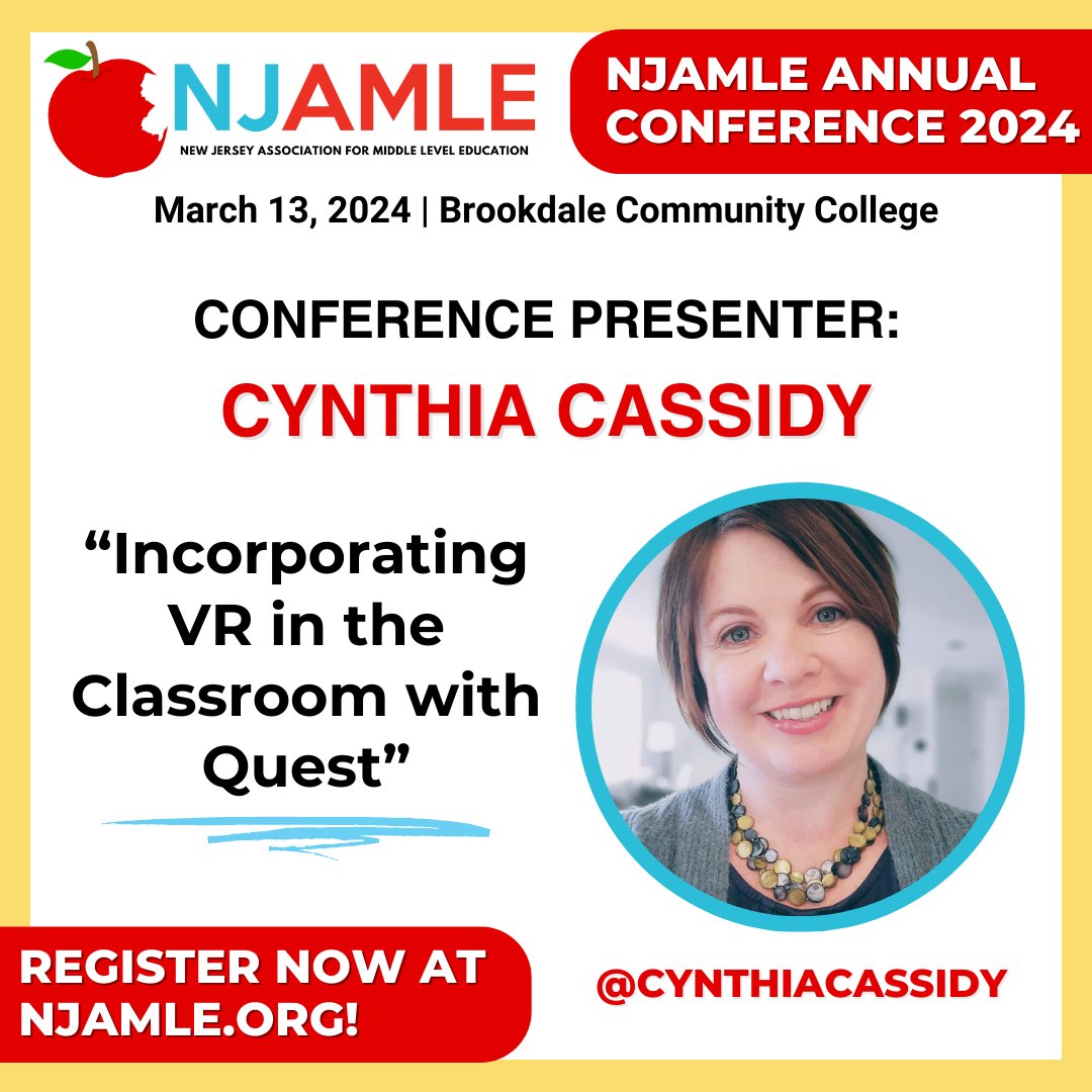 NJAMLE's tweet photo. Ever want to learn how you can incorporate virtual reality in your classroom?! 

You don't want to miss this exciting presentation from @CynthiaCassidy!

Join Cynthia at our Annual Conference on March 13th! #NJAMLE2024 https://t.co/eFradlsWW1