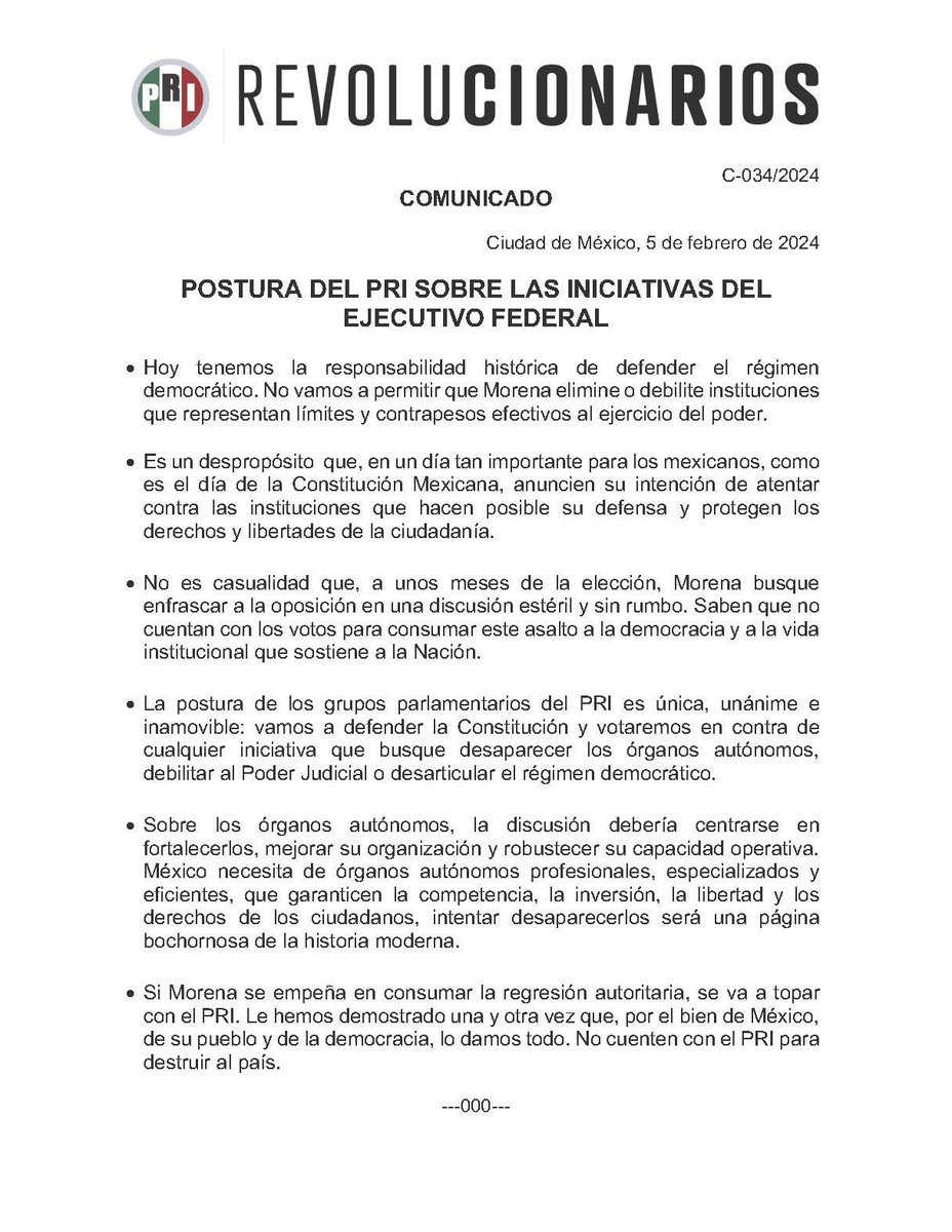 Postura del PRI sobre las iniciativas del Ejecutivo Federal.