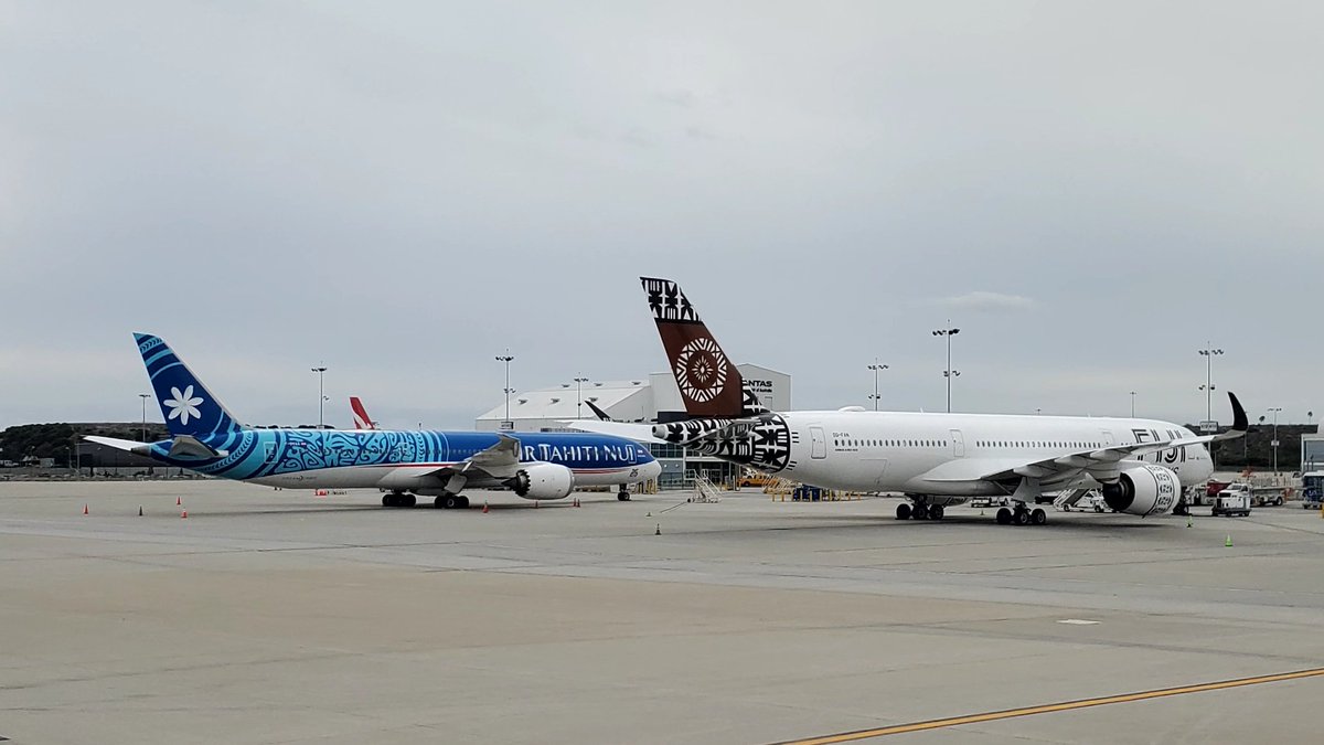 veryboeing's tweet photo. Two of my top five liveries resting beside each other in KLAX...Air Tahiti Nui #B787 -9 #FOVAA and Fiji Airways #A350 -941 #DQFAN https://t.co/de6M4A1PRT