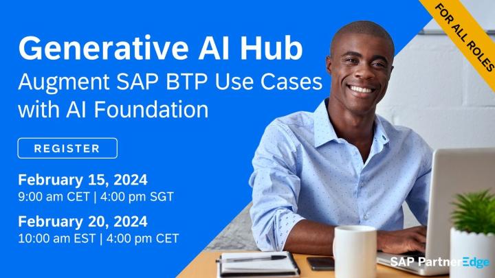 Leverage Generative AI Hub to Build Applications this February! #SAPPartners will learn to build industry solutions with generative AI in #SAPBTP, integrated with SAP S/4HANA Cloud. Reserve your seat today to take your skills to the next level: imsap.co/6010VBEzm