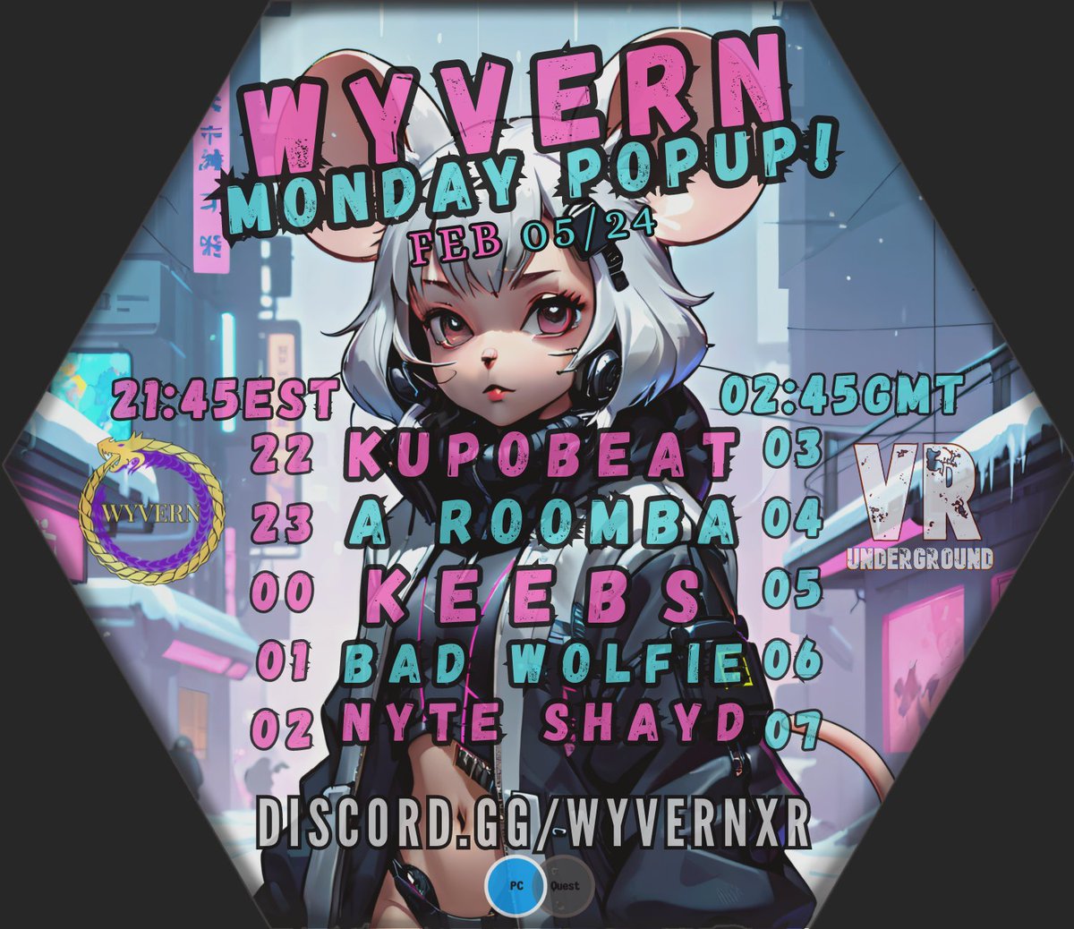 It's Wyvern POP UP time!!! - Join us~ TONIGHT!
18+ (SFW Event) Doors: 21:45EST | 02:45GMT   
💜💛💜
↓   Discord   ↓   |  -------------------- |  ↓  VRChat Group  ↓                     
discord.gg/Wyvernxr  |  vrc.group/WYVERN.9611 

#Wyvern #VRChat #liveDJ #VirtualEvent