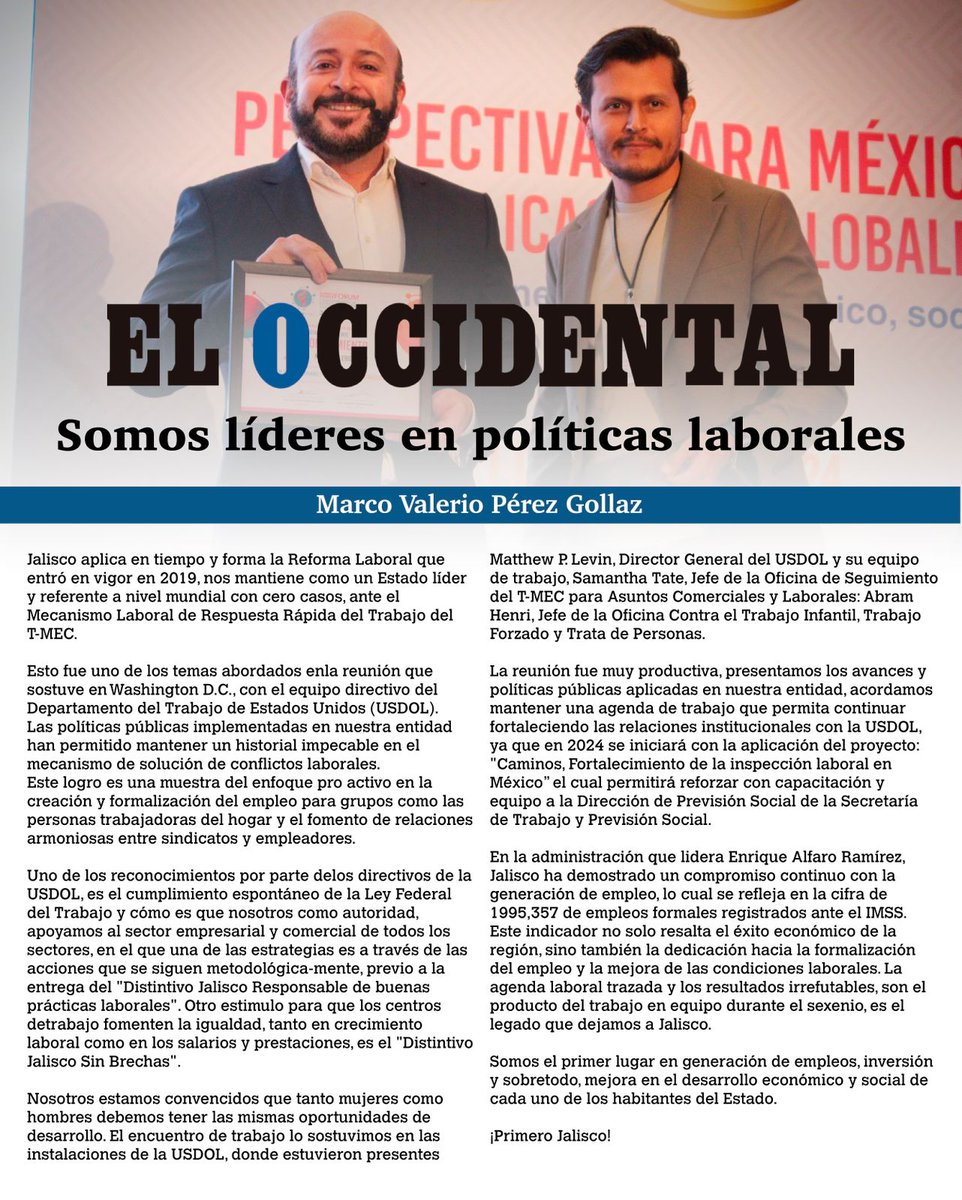 MarcoValerioGDL's tweet photo. En #Jalisco consolidamos un gran legado en la creación de políticas públicas en materia laboral a nivel nacional, trabajando para provocar mejores condiciones para la clase trabajadora
#PrimeroJalisco
Les invito a leer mi colaboración : Somos líderes en políticas laborales. https://t.co/UyKULTWNpA