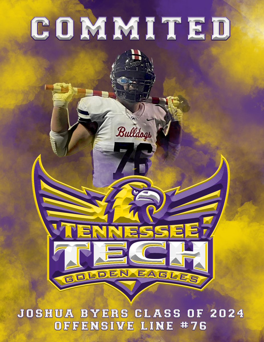 JoshuaByers76's tweet photo. I am proud to announce that I am 100% COMMITTED to furthering my athletic and academic journey at @tennesseetech! I would like to thank the coaches at @TNTechFootball. I would also like to thank all of the coaches that made this possible! #wingsup @CoachMote34 @CoachWilder353 https://t.co/brgNnzo61u