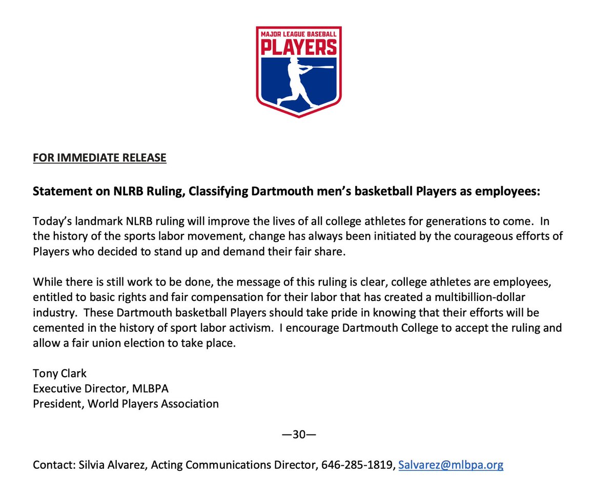 FOR IMMEDIATE RELEASE Statement on NLRB Ruling, Classifying Dartmouth men’s basketball Players as employees: