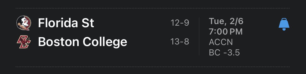 JackPSeiberlich's tweet photo. REMINDER: BC opens as 3.5 point favorites against FSU. With a win tomorrow night, the Eags would move to 14-8 (5-6 in the ACC), which would put them at t-8th in the ACC. #PackConte tomorrow! https://t.co/uEu1L33kT9