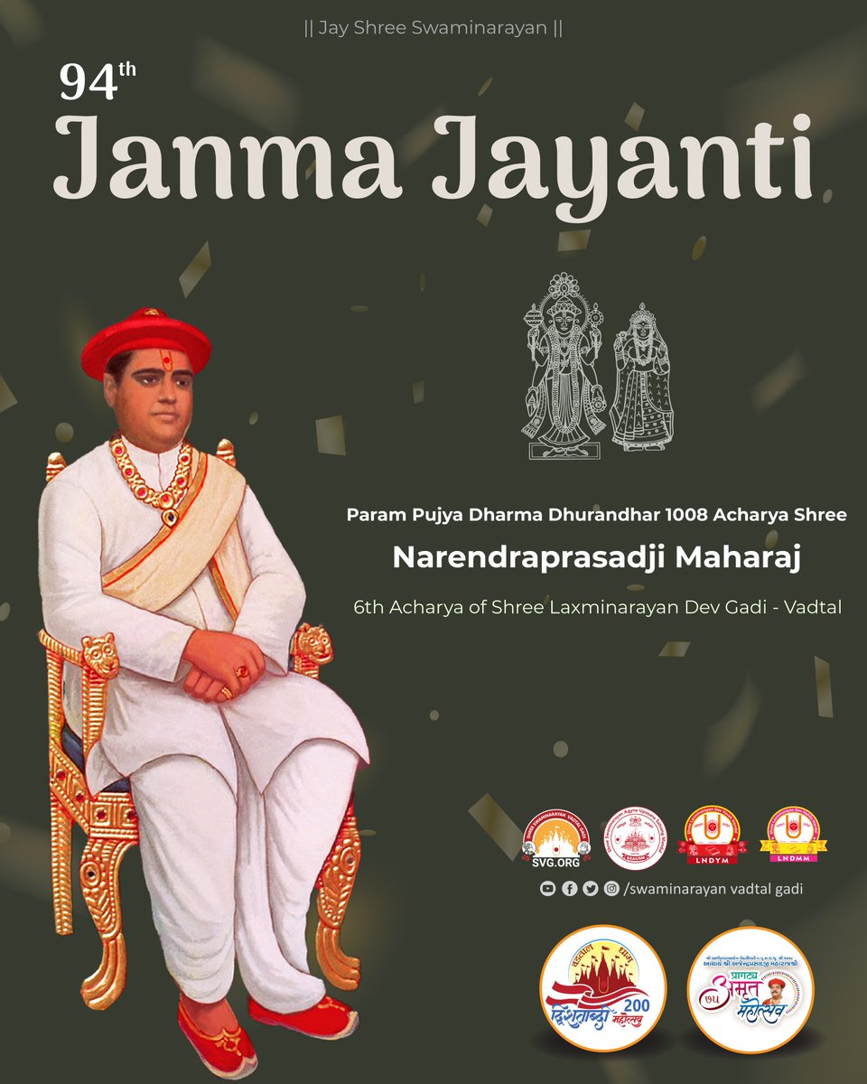 officiallndym's tweet photo. Today is the 94th Janma Jayanti of Param Pujya Dharma Dhurandhar 1008 Acharya Shree Narendraprasadji Maharaj
#Swaminarayan #LNDYM #Dharmakul #HariKrishnaMaharaj #Vadtal #VadtalGadi #LaxminarayanDev #LNDev #NarnarayanDev #NNDev #Vadtal200 #LNDev200 #Acharya75 #AmrutMahotsav2024 https://t.co/JYJZlvYBLe