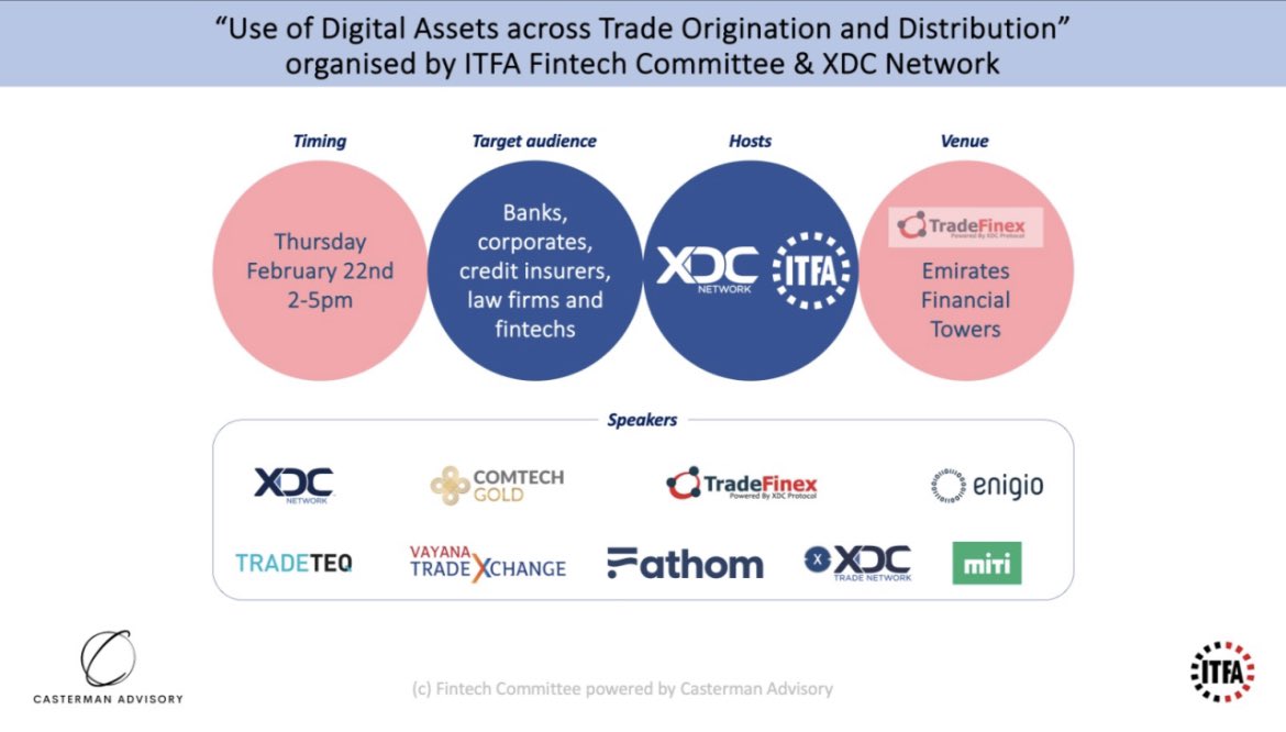 darrinlewisjr's tweet photo. #XDC ITFA educational seminar "Use of Digital Asset across Trade Origination and Distribution" on Thursday February 22nd, Dubai, Emirates Financial Towers.

In person only. https://t.co/iil6wn2LQZ

#XDCNetwork #TradeFinex #Tradeteq #Enigio #DigtalAssets #XinFin #GlobalTrade https://t.co/M9inqfErso