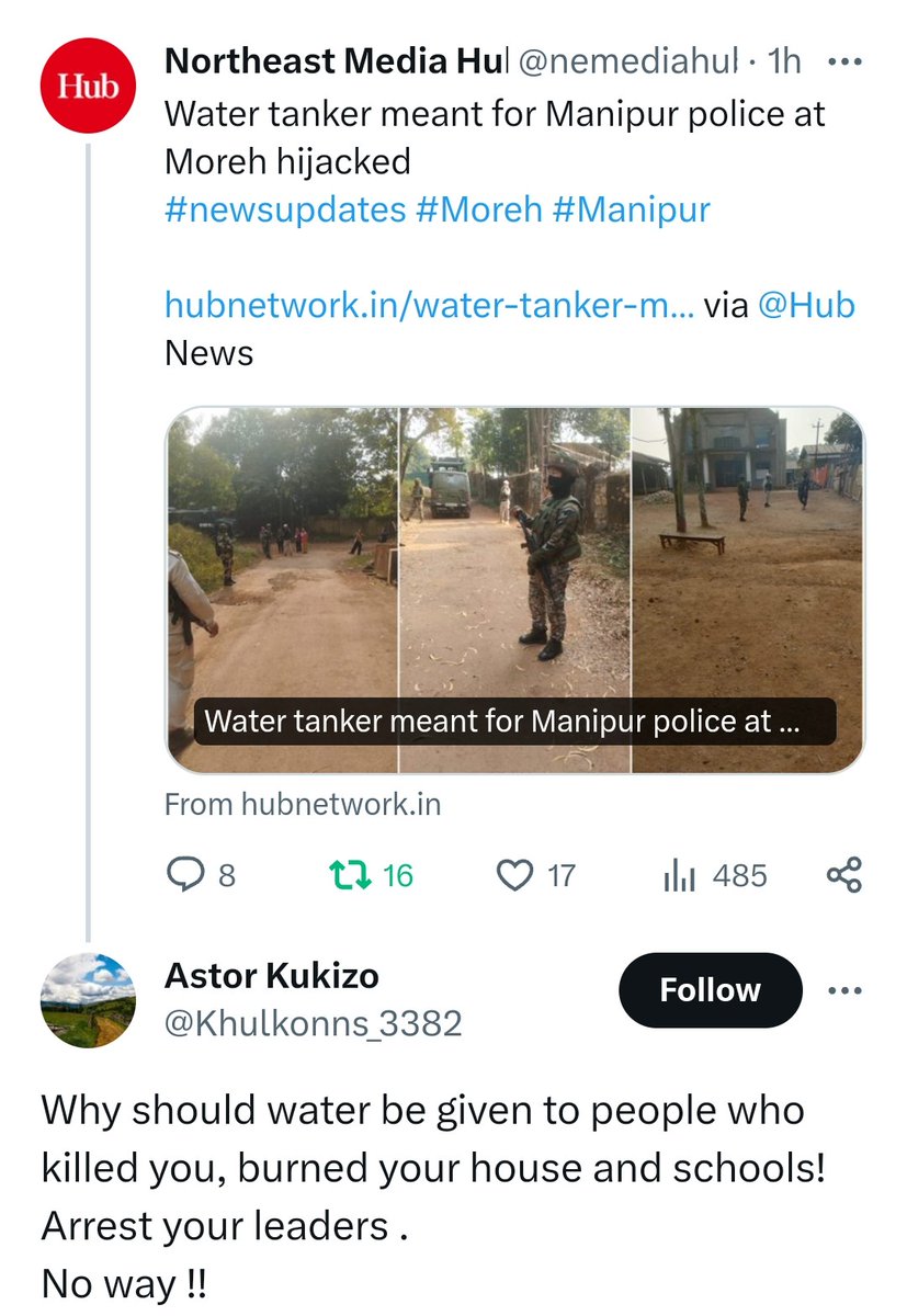 <a href="/Khulkonns_3382/">Astor (KUKI KA PARIVAR)</a> Aren't you the one who justified denying water to Security Forces at Moreh. You lot are fake Christians and a War-mongering community who even denies water to security forces. 
#KukiWarCrimes
#KukiLiesXposed