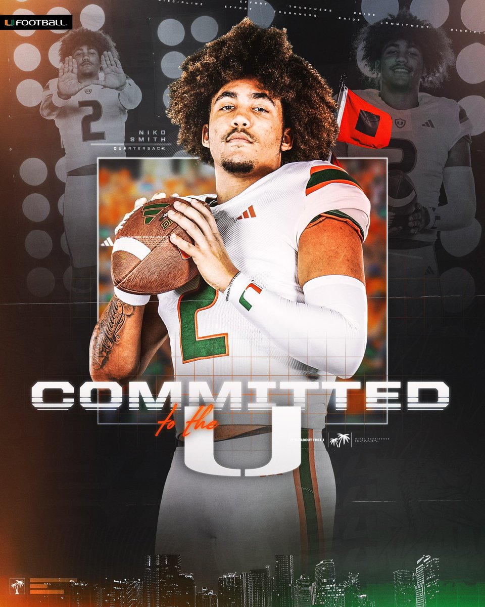 Acknowledge God in all you do! I’m blessed to announce my commitment to further my football and academic path at THE University of Miami! I look forward to the hard work & sacrifices it will take to be a leader & great ambassador for the Hurricanes on the field, in the classroom…