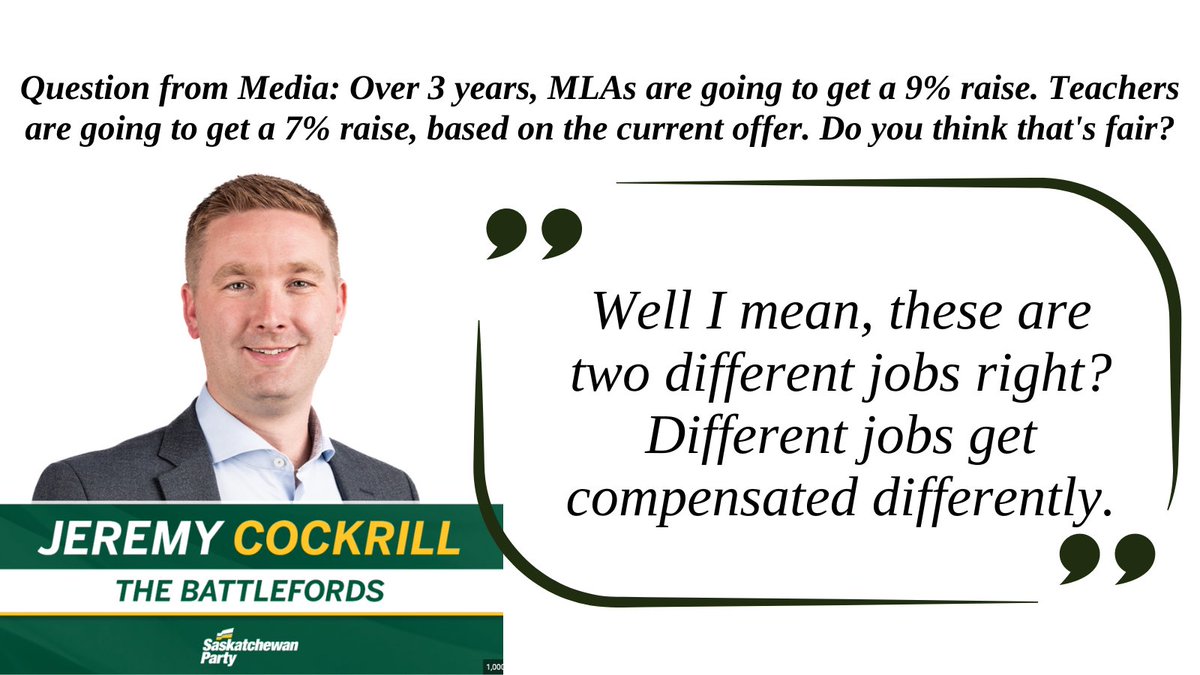 👀 Yikes. Is the comms shop over at Sask Party headquarters working overtime?

Oh. And a reminder Jeremy Cockrill makes over $160,500 + mileage/meals.

If he was a teacher (even factoring in his B.C. Goji farming experience &amp; windows/doors salesmanship) he'd start at $67,793.