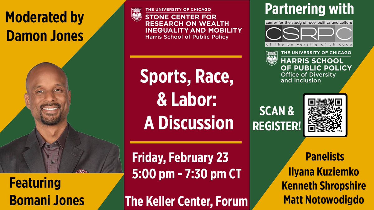 We’re diving into this topic later this month: Sports, Race, and Labor featuring @bomani_jones @ikuziemko, @ProfNoto, & @kenshropshire moderated by me Hosted by @UCStoneCenter w/ @CSRPC + @HarrisPolicy Diversity & Inclusion Friday, 2/23, 5p Register: bit.ly/sportsracelabor