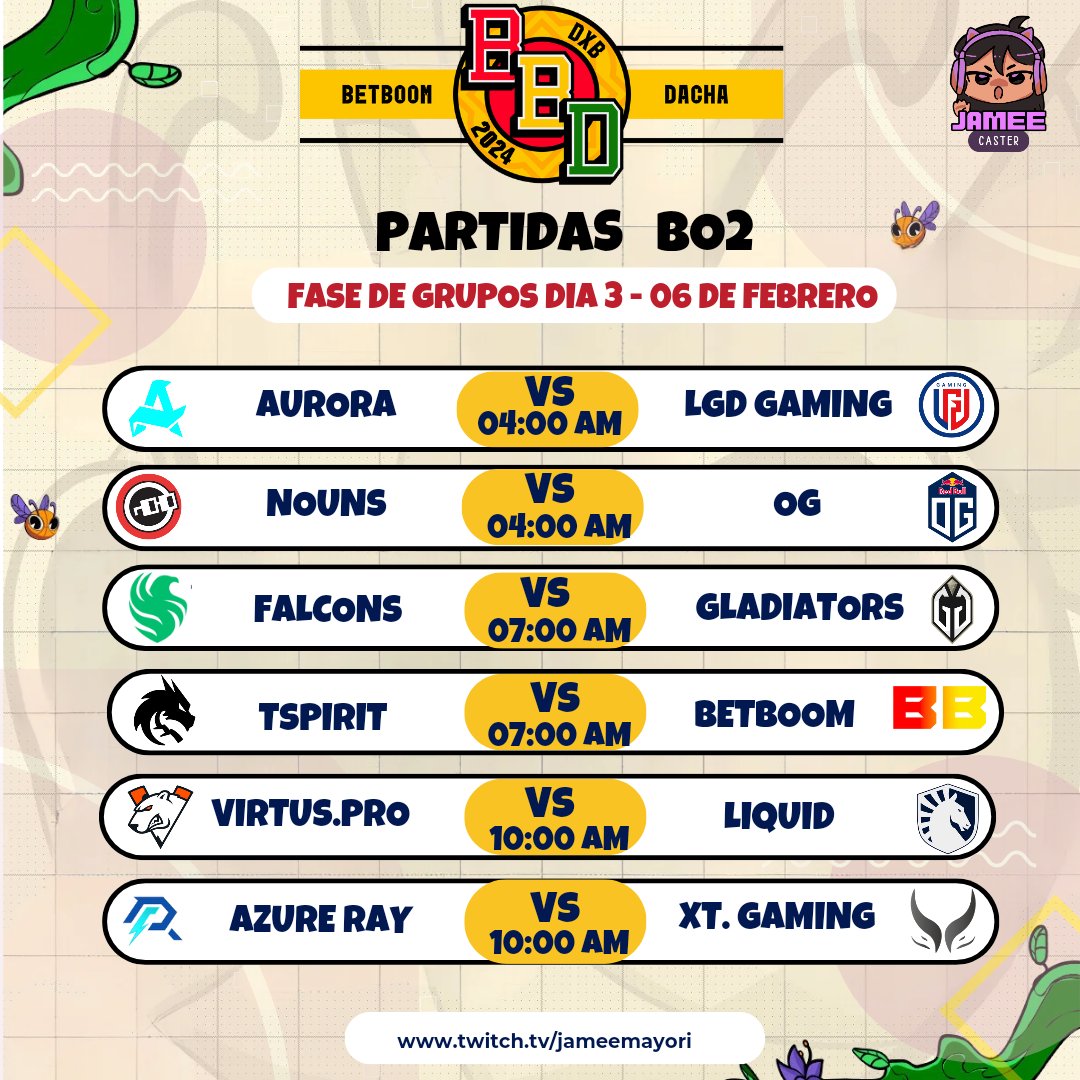BetBoom Dacha Dubai 2024 !

Horario 06 de Febrero
Mañana Día 3 de la fase de grupos en la  BetBoom Dacha a partir de las 4:00 de la mañana 

Los espero en mi canal de Twitch a las 7 de la mañana 🤪
Gracias besos 😘