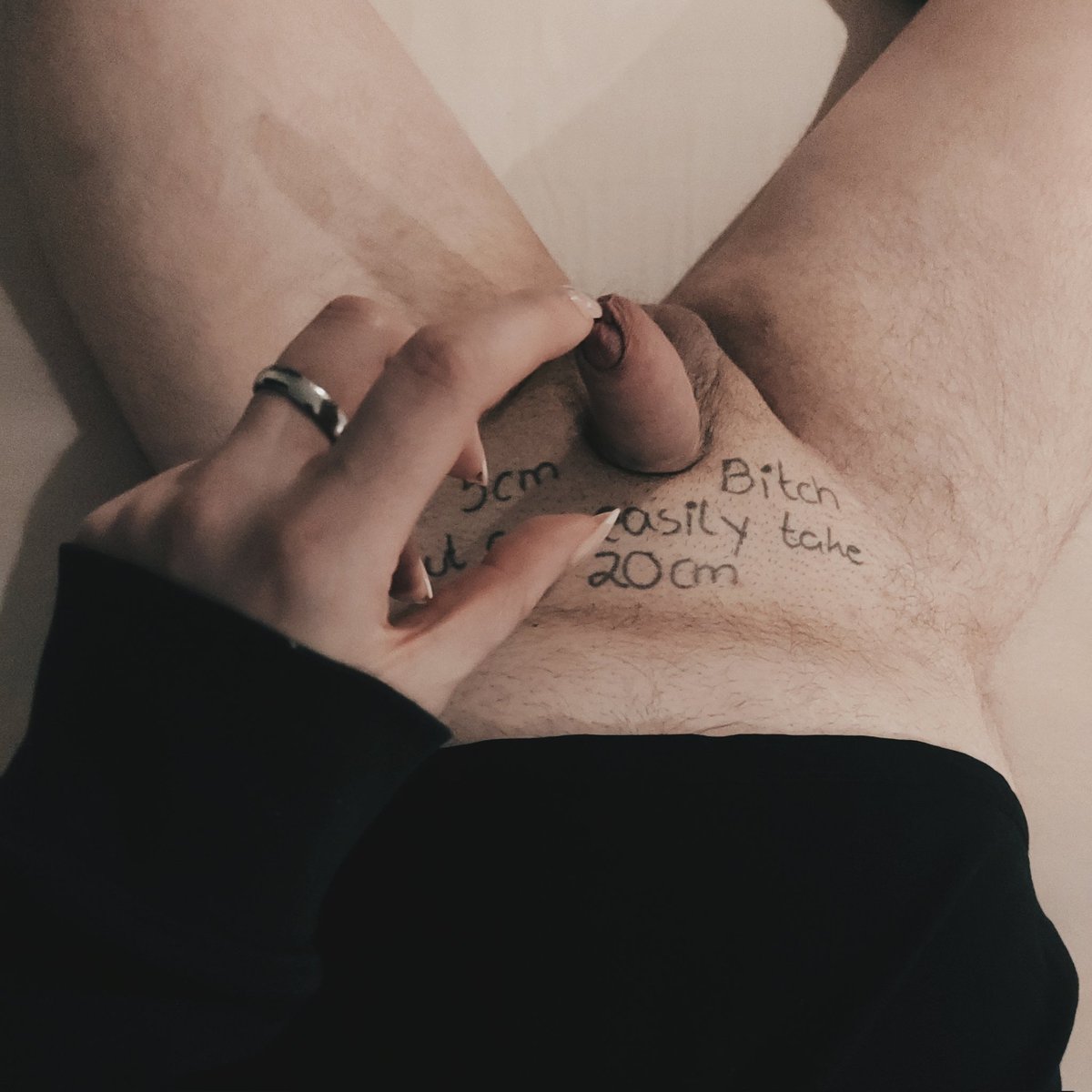 Myittybittyboy's tweet photo. I've got a little message for my sub while he had to lick my pussy and couldn't move an inch. He enjoyed it a little too much and nearly came just from that.  #smalpenishumiliation #sph #sub #femdom #slut #bodywriting https://t.co/HPeTNHCDua