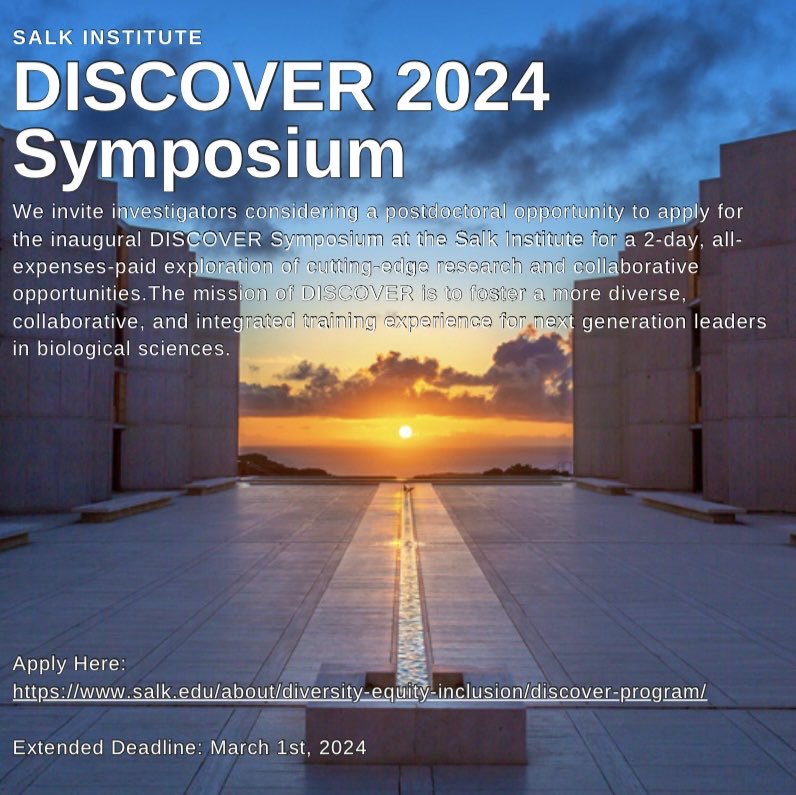 Deadline extended to March 1 for the DISCOVER 2024 program. Mission: Promote a more diverse, inclusive, collaborative and integrated training experience for next gen leaders in biology from plant science to cancer to neuroscience. Apply here! salk.edu/about/diversit…