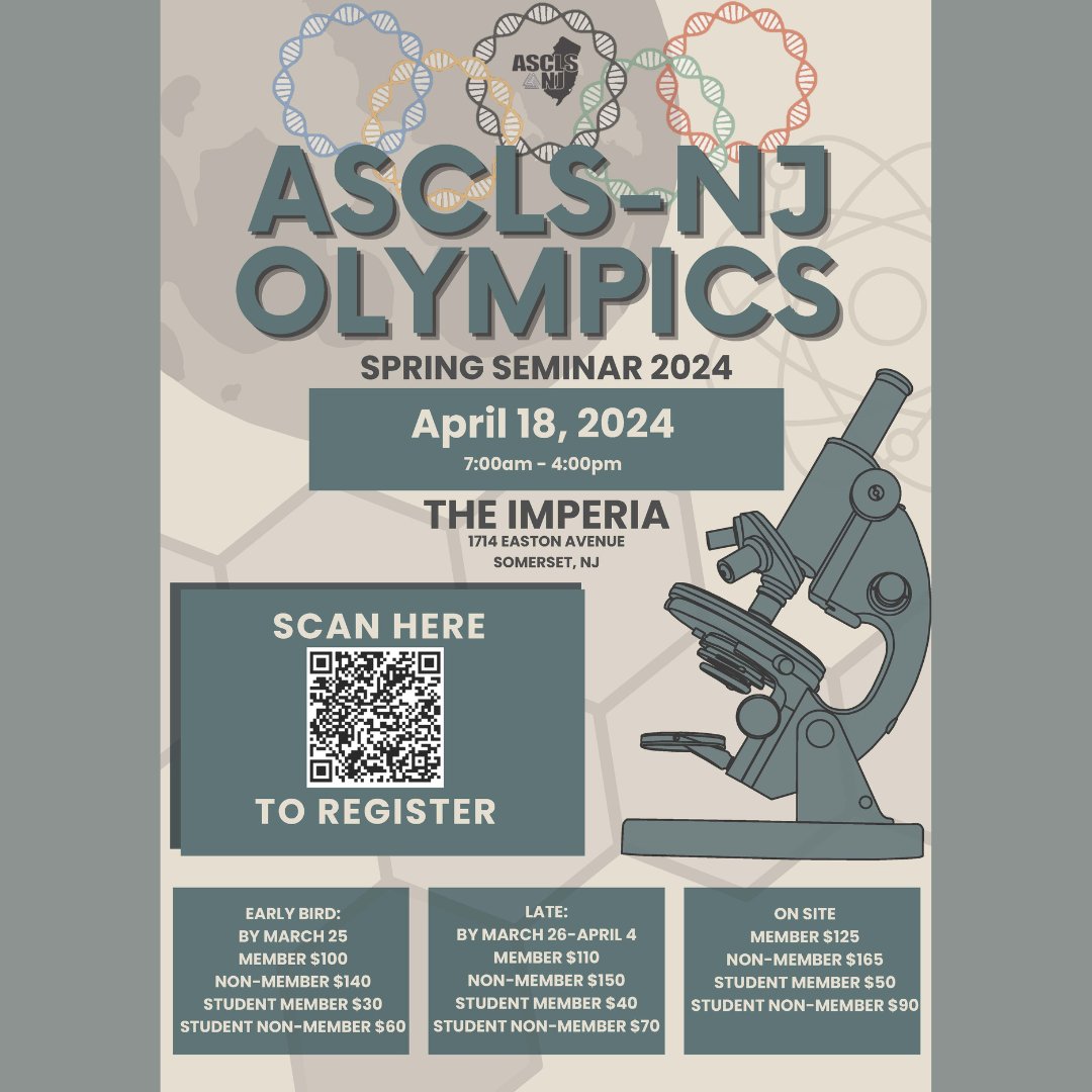ASCLS_NJ's tweet photo. ASCLS-NJ 2024 SPRING SEMINAR & EXPO!!!
Thursday, April 18, 2024, 7:00 am - 4:00 pm
THE IMPERIA, Somerset, NJ
Registration link is live at https://t.co/eSZEsBFylj
#ASCLSNJ #SpringSeminar2024 #ASCLS #IamASCLS #Lab4Life https://t.co/q4YmjgpNoW