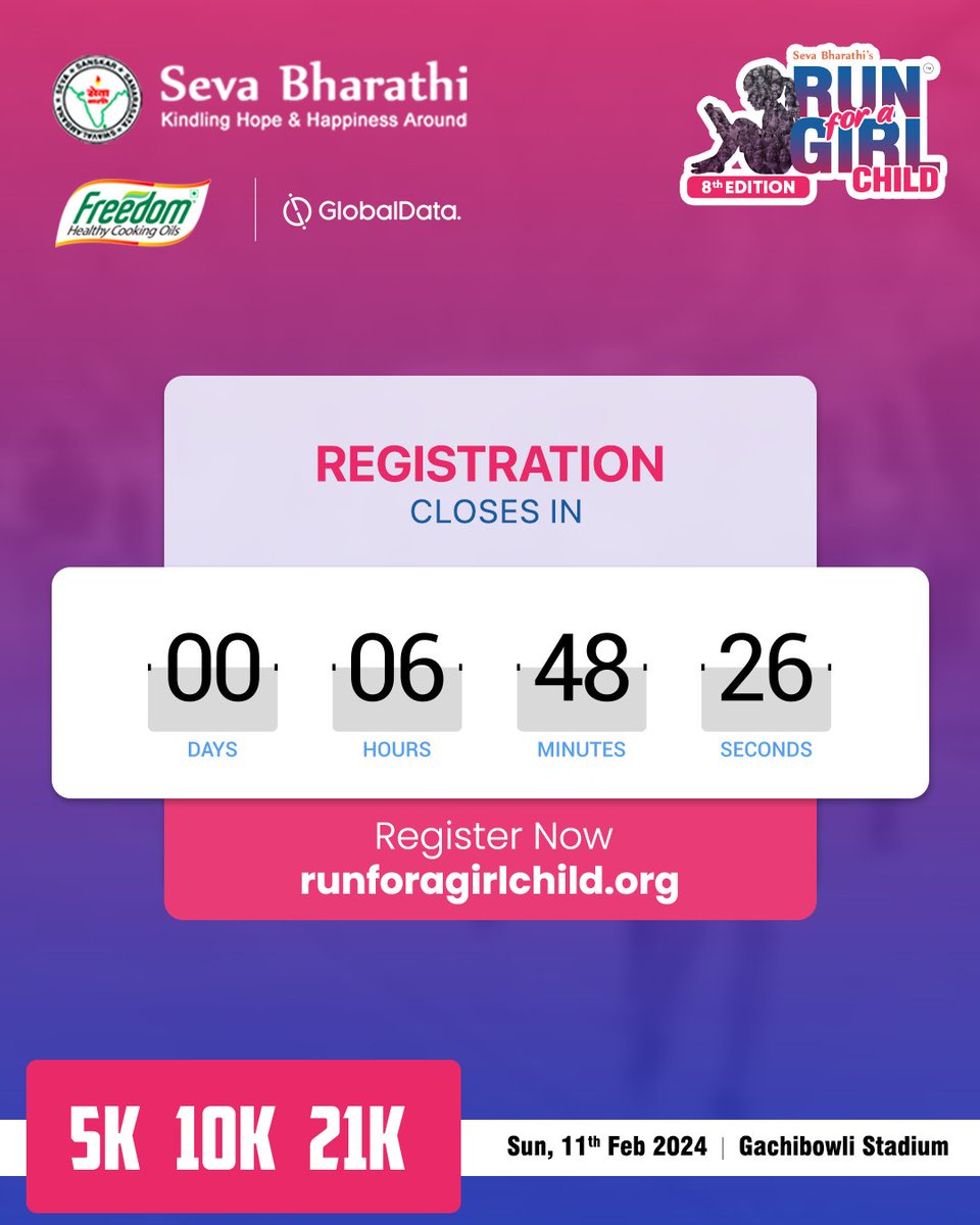 sevabharathitg's tweet photo. ⏰ Hurry! Only 6 hours left to register! 🏃♀️ Join the movement 👉 https://t.co/qYelhxauqY
#RFGC #LastCall #RunForAGirlChild #సేవాభారతి #EmpowerGirls #RunForChange #SevaBharathi #RFGC8 #HyderabadRun #LaceUpForChange #5KRun #10KRun #21KRun #GirlChildEmpowerment https://t.co/Tqe9S668ng
