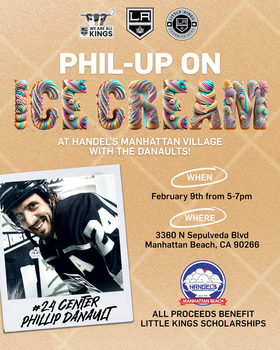 Phil-up on Ice Cream with the Danaults! 🍦 Come get a scoop from your favorites on Feb 9th from 5-7pm where 100% of proceeds will fund youth hockey scholarships 🏒 @WeAreAllKings | #GoKingsGo