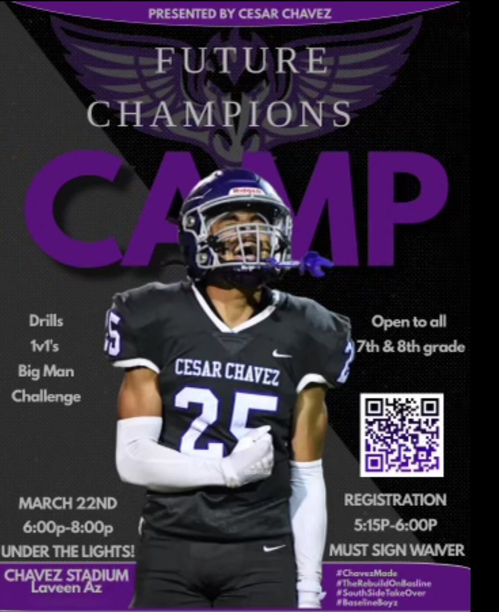 Calling all future Champion football players 🗣️🏈 Come show out Friday, March 22nd under the lights and put on for the South Side/Laveen 😈 Scan QR code to register Fired up to get our first freshman class coming thru Chavez 💜🩶#ChavezMade