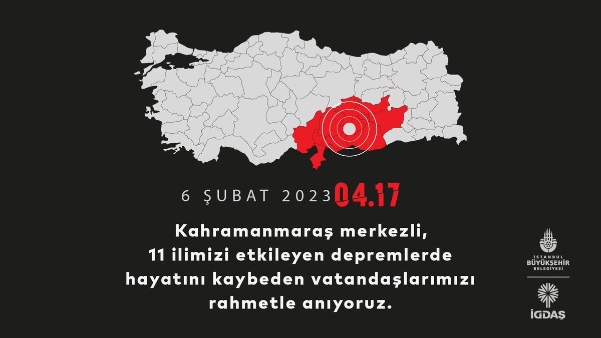 Kahramanmaraş merkezli,  11 ilimizi etkileyen depremlerde hayatını kaybeden vatandaşlarımızı rahmetle anıyoruz.
