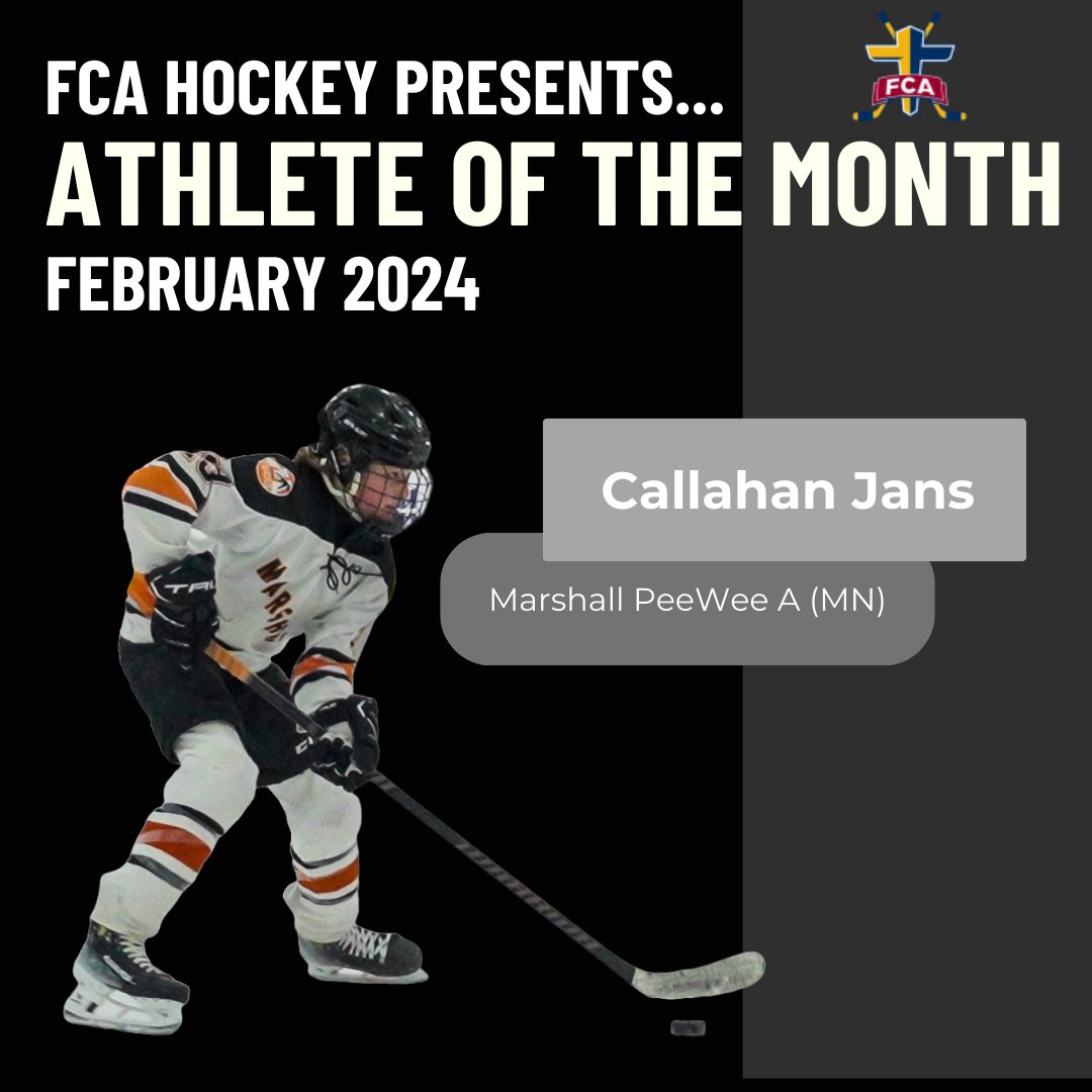 fcahockey's tweet photo. Introducing our February Athlete of the Month Callahan Jans from the Marshall PeeWee A team. Callahan is a FCA Hockey athlete who has a huge impact on and off the ice! Go to our website to read more about Callahan! https://t.co/iRtRpbU26N