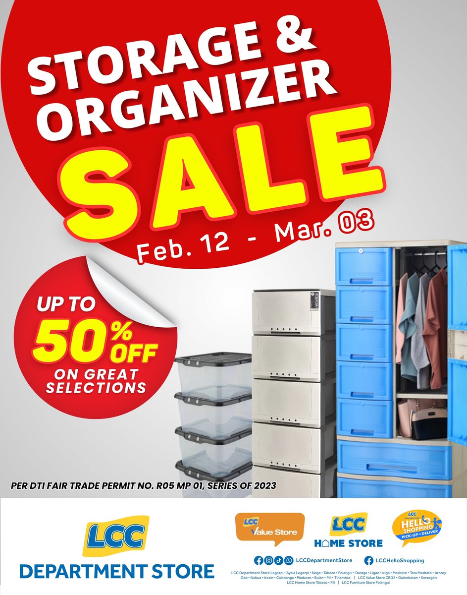 LCCdeptstore's tweet photo. Seeking order in chaos? Look no further! Transform your space with LCC Department Store Storage and Organizer Sale! Enjoy up to 50% off on a variety of chic and functional solutions from Feb 12 to Mar 03! 🛒

Time to declutter and style up! 😍

#LCCDepartmentStore #OurBestForYou https://t.co/IM3oRsXB7g