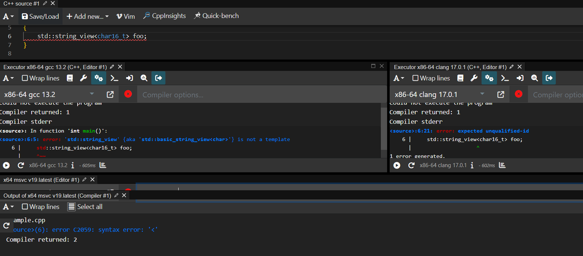 imCGQAQ's tweet image. WTF, MSVC @visualc
error C2059: syntax error: '&lt;'
error C2334: unexpected token(s) preceding '{'; skipping apparent function body
so the msvc says
#MSVC #VisualC #CLANG #GCC #LLVM