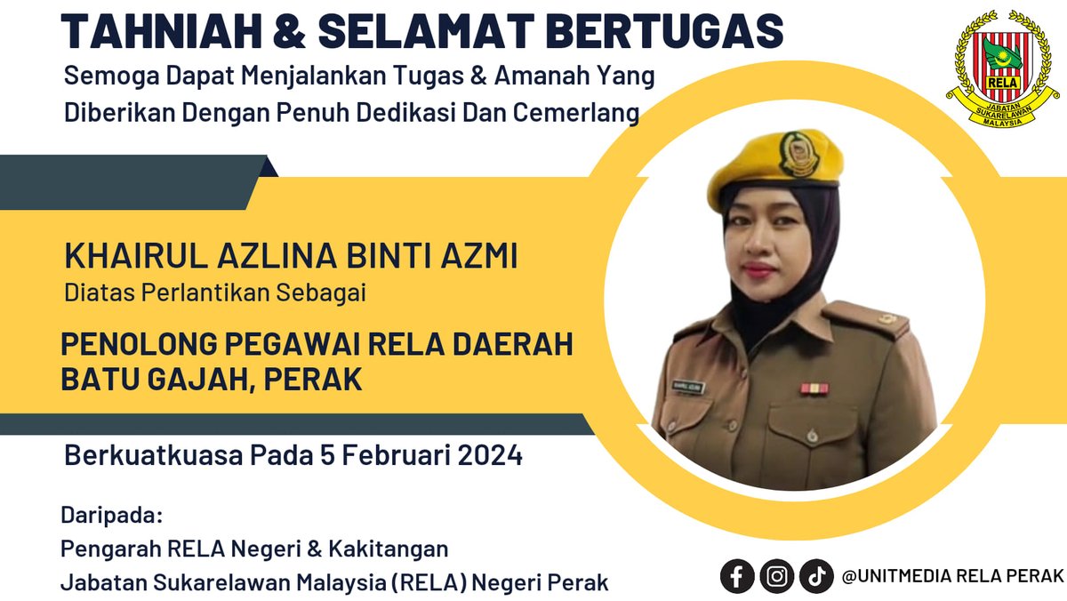 RELADAERAHBTGJH's tweet photo. Tahniah dan Selamat Datang ke Pejabat RELA Daerah Batu Gajah. Semoga dapat menjalankan tugas dan amanah yang diberikan dengan penuh dedikasi dan cemerlang.

#SetiaBerbakti
#relamalaysia https://t.co/p6DB4mfBWv