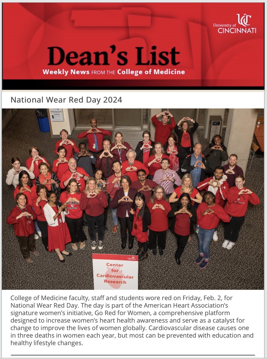 National Wear Red Day was celebrated on February 2, 2024, at the UC Center for Cardiovascular Research. Thanks to everyone who participated in the event.
<a href="/UCincyMedicine/">UC College of Medicine</a>
<a href="/TReyeslab/">Dr. Teresa Reyes</a>
<a href="/UCcenter4CVR/">UC Center for Cardiovascular Research</a>
<a href="/uc_health/">UC Health</a>
<a href="/uchealth/">uchealth</a>
<a href="/UCResearch/">University of Cincinnati Office of Research</a>
<a href="/sadayappanlab/">Sakthivel Sadayappan, PhD, MBA</a>