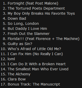 Why does the new tswift track list look like a 100 gecs record