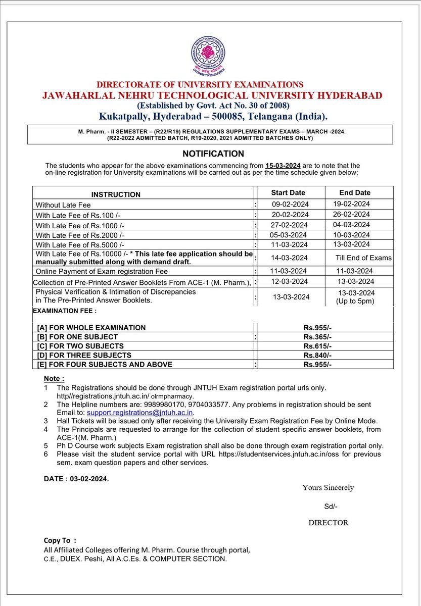 examupdate123's tweet photo. Notification for MTech/MPharm I-I Regular/Supply and I-II Supply Exams March-2024 https://t.co/Wg2tVHq9JN