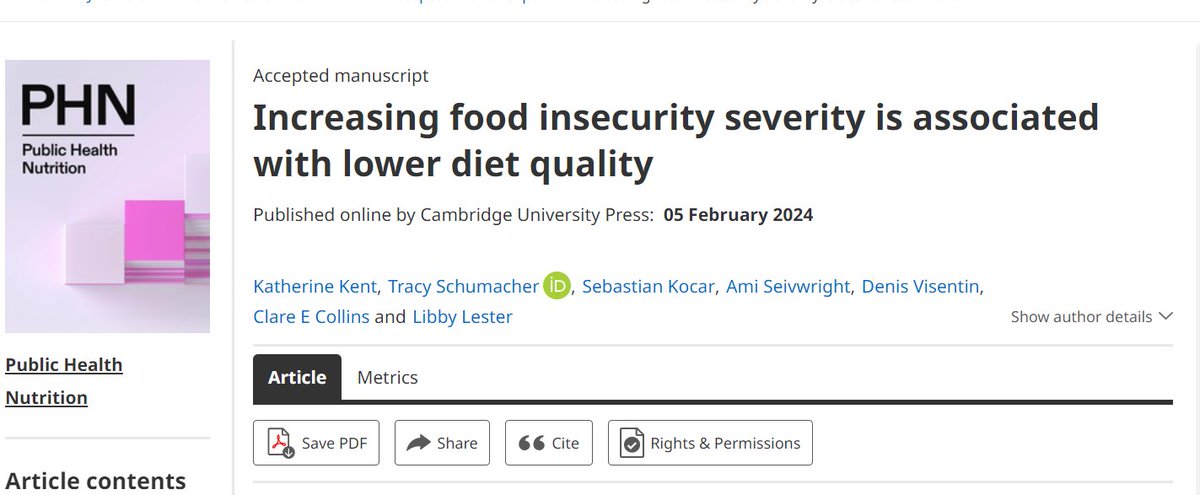 Katherine Kent (@drkatherinekent) on Twitter photo 🚨Our new paper in PHN <a href="/NS_Publications/">Nutrition Society Publications</a> highlights the impact of food insecurity in #Tasmania
🛒 As household food insecurity worsens, diet quality declines across all food groups
🥗Solutions needed to ensure everyone has access to healthy food
doi.org/10.1017/S13689… 🚨Our new paper in PHN <a href="/NS_Publications/">Nutrition Society Publications</a> highlights the impact of food insecurity in #Tasmania
🛒 As household food insecurity worsens, diet quality declines across all food groups
🥗Solutions needed to ensure everyone has access to healthy food
doi.org/10.1017/S13689…