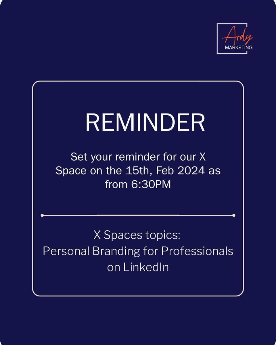 ardy_marketing's tweet photo. 2 days left to master LinkedIn!  Join our Twitter Space Feb 15th for FREE personal branding tips from experts. Elevate your professional profile &amp; stand out online! ➡️ Set your reminder: https://t.co/kMEsKY5sNC 
#TwitterSpace #LinkedInPro #PersonalBranding #CareerGrowth https://t.co/vMsCp3U4zN