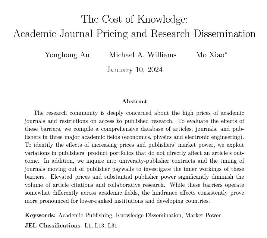 Market power hinders the dissemination of knowledge. +1% increase in journal price ➡️ -0.83% article’s citations -1.07% citing author count with much larger effect for citations from lower-ranked institutions. Immediate boost to citations when an article becomes free on JSTOR.
