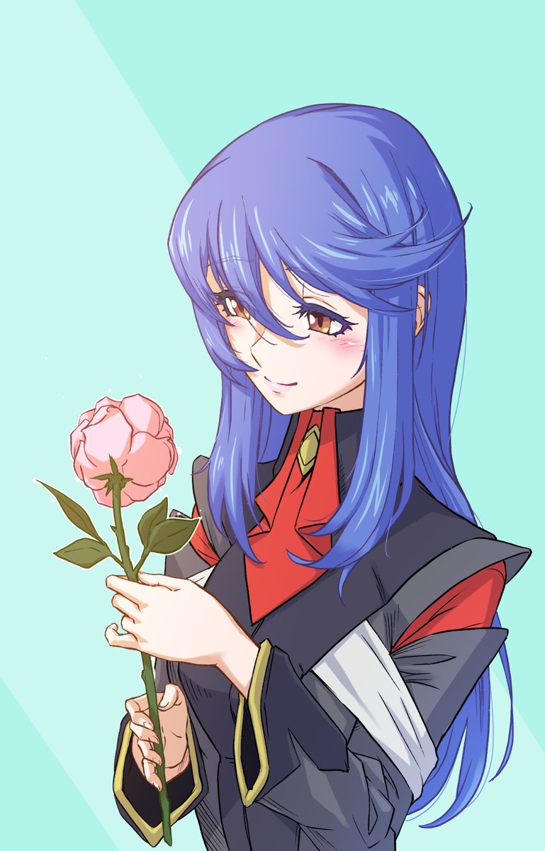 1girl solo flower blue hair smile long hair holding  illustration images