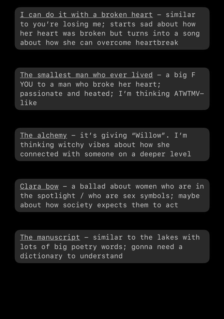 Writing down all the vibes I think each song will give!!! Starting from the bottom. Let me hear yours!! <a href="/taylornation13/">Taylor Nation</a> #taylornation #TaylorSwift  <a href="/taylorswift13/">Taylor Swift</a> #THETORTUREDPOETSDEPARTMENT