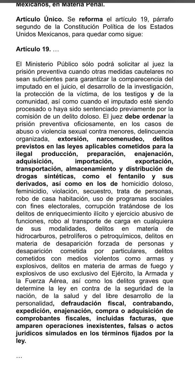Viene, ahora sí en la Constitución, la prisión preventiva oficiosa —es decir, automática— para defraudación fiscal, contrabando y compraventa de facturas de empresas fantasma.