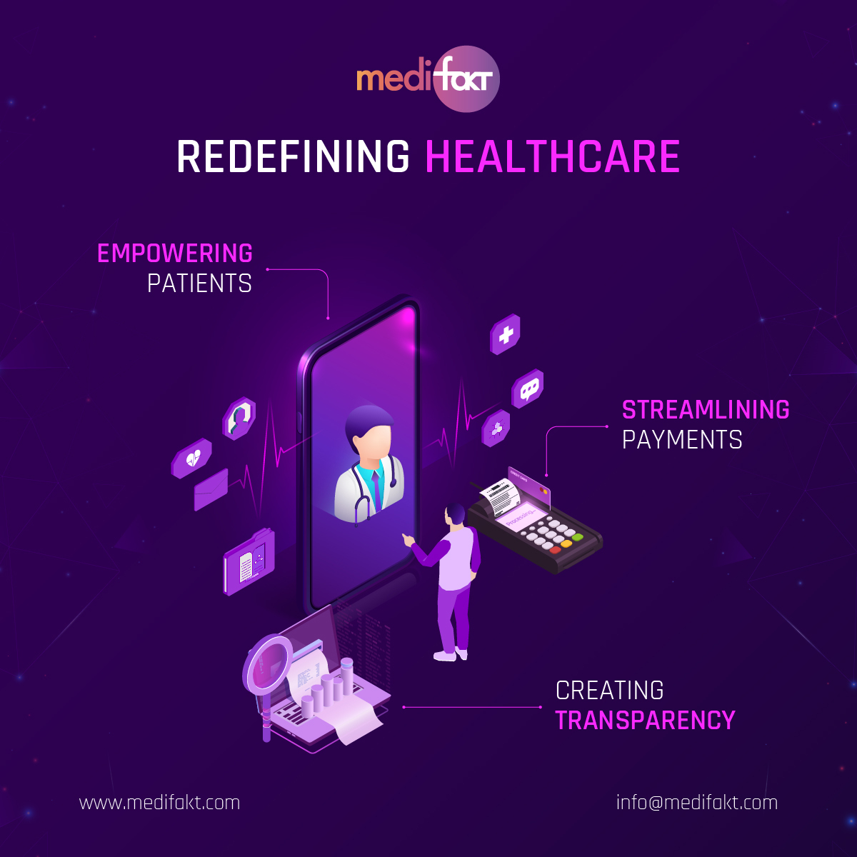 Medifakt is a #blockchain-driven #healthcare ecosystem that offers a revolutionary #paymentmethod using #tokens on the #blockchain. 🌟 Our platform aims to be a comprehensive #healthrecords #repository and an #AI-powered #virtualassistant, creating a #decentralized #healthcare