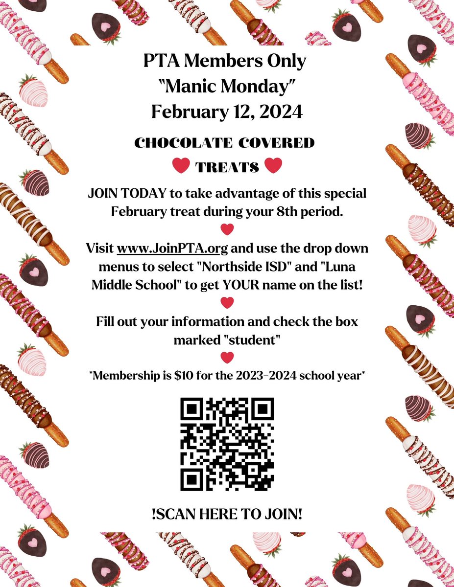 Student members will get a pass during lunch for their 8th period to enjoy their free treat as our thank you for your commitment to making Luna Middle School a place for all our Longhorns and their families ❤️
